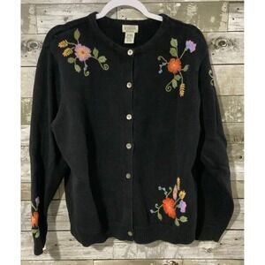 Classic Elements Womens Black Floral Embroidered Cardigan Sweater Size 16/18W